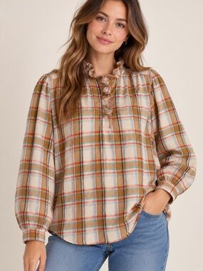 St John’s Bay 100% Cotton Plaid Ruffle Blouse Top 1X Boho